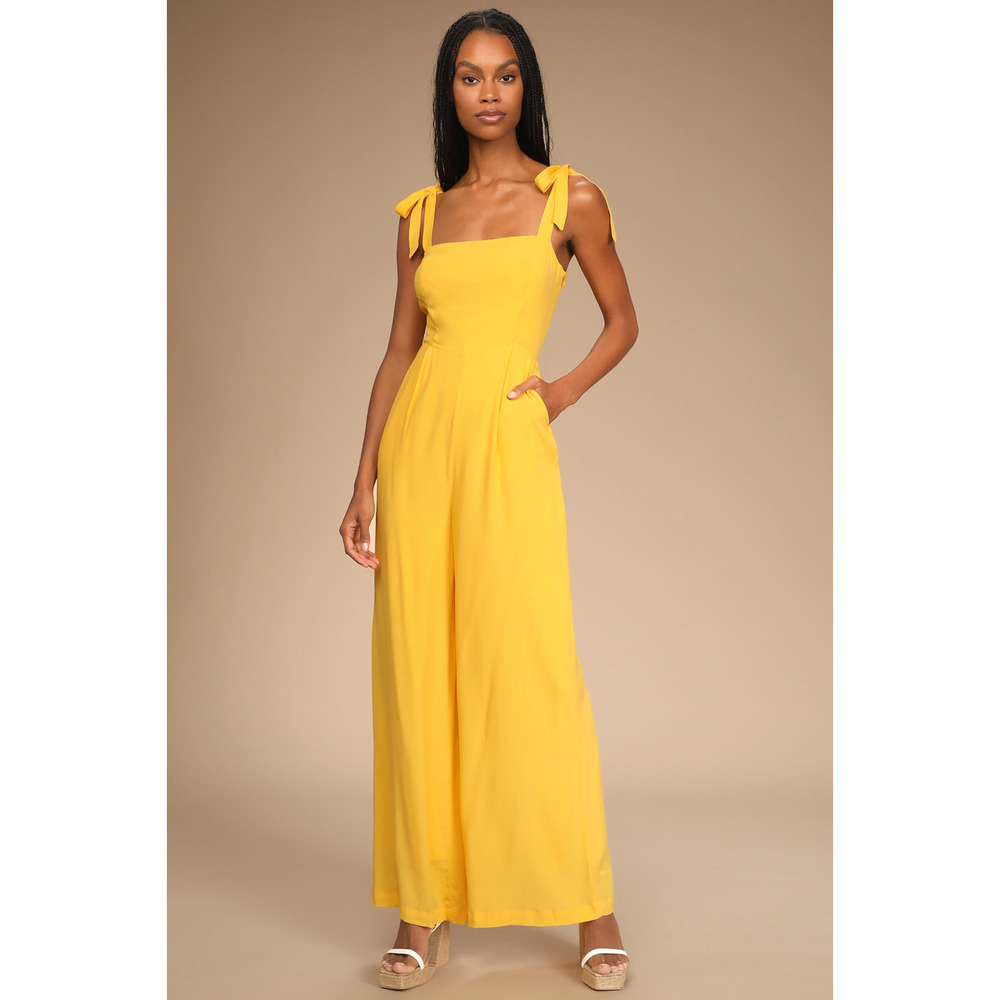 Lulus Tie-Shoulder Wide-Leg Jumpsuit in Yellow
